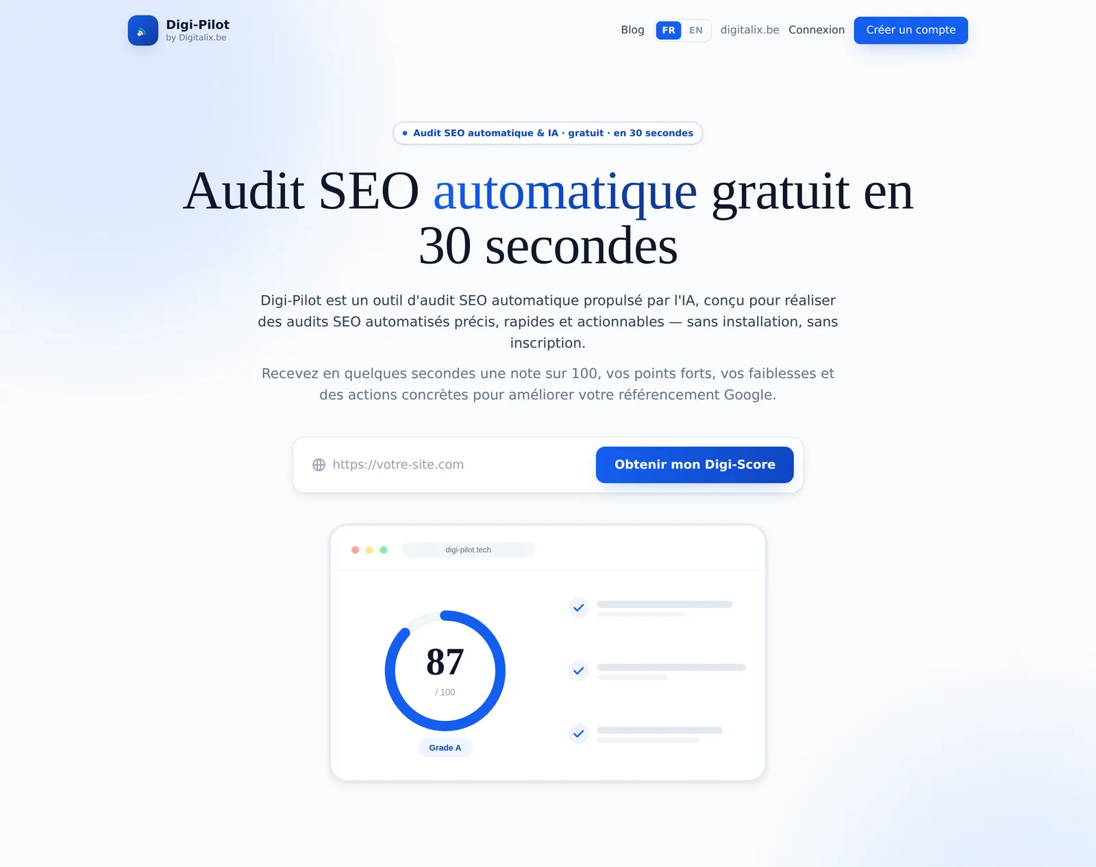 Page d’accueil de Digi-Pilot — audit SEO automatique avec score sur 100