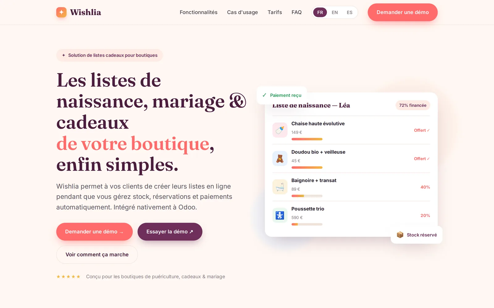 Interface de Wishlia pour les listes cadeaux connectées à Odoo Online